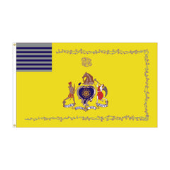 A rectangular yellow flag with a navy blue canton in the upper left containing five horizontal stripes, a central coat of arms with a horse, shield, and figures, and a decorative border around the edges. The flag is shown flat against a white background.