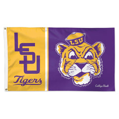 LSU Tigers collegiate flag featuring a split design with a yellow left side showing purple 'LSU' lettering and 'Tigers' script, and a purple right side with the LSU tiger mascot head wearing a cap marked 'LSU'.