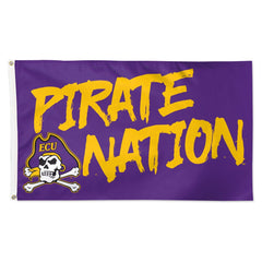 ECU purple flag featuring the words 'PIRATE NATION' in large yellow brush-style lettering and a skull-and-crossbones pirate logo with 'ECU' on the left, shown on a white background.