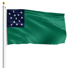 Green flag with a blue canton featuring white stars on a white background