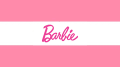 Pink and white horizontal striped graphic with the Barbie logo in pink script across the center.