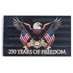 Flag with an eagle and American flags, celebrating 250 years of freedom.