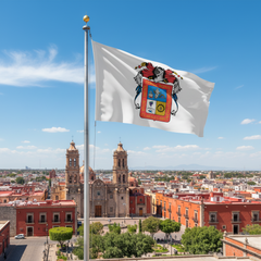 Flag of Aquascaliente Mexico with a coat of arms design on a white background