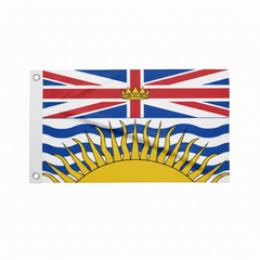 Flag of British Columbia with a crown and sun design with grommets made in USA