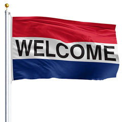 3x5 horizontal red, white and blue Welcome flag displayed outdoors