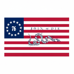 Betsy Ross style American flag graphic with red and white stripes, a blue canton with white stars and the number 76, and a coiled snake with the words 'JOIN, or DIE' across the center.
