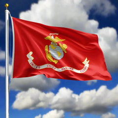 Red flag with U.S. Marine Corps emblem on a white background