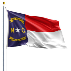 Flag of North Carolina with a purple, red, and white design on a white background