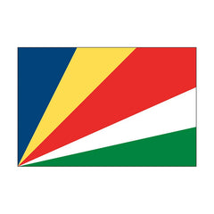 The flag of the Seychelles, featuring four colored triangles radiating from the bottom-left corner: blue, yellow, red, and white, with a green band along the bottom edge, shown on a plain white background.