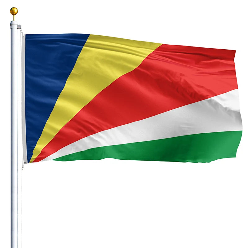 Flag of Seychelles with blue, yellow, red, white, and green colors on a white background
