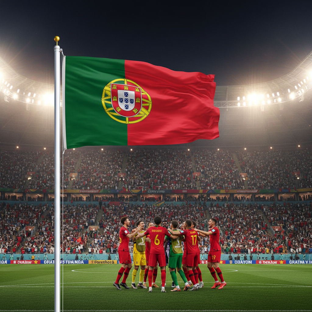 Portuguese flag waving in a stadium with soccer players celebrating on the field