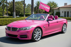 Pink BMW convertible parked on a street with palm trees and a house in the background