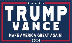 A rectangular flag with a blue background featuring the text 'TRUMP VANCE' and the slogan 'MAKE AMERICA GREAT AGAIN' along with the year '2024' at the bottom. The flag has white and red text and stars.