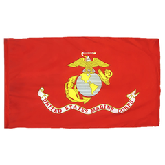 A red United States Marine Corps flag featuring the gold Eagle, Globe, and Anchor emblem in the center, with a white scroll reading UNITED STATES MARINE CORPS below it, shown against a plain white background.