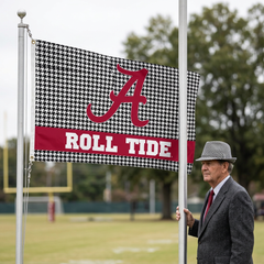Actual Alabama houndstooth product flag flying beside Bear Bryant in an imagined tribute scene