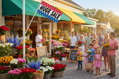 People shopping at a flower shop with colorful awnings and a 'Huge Sale' sign.