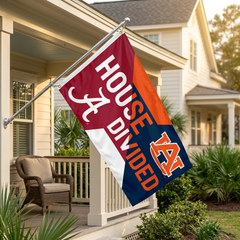 Alabama–Auburn House Divided flag flying from a Southern coastal porch