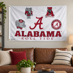 Alabama College Vault logo collage flag on a fan-room wall — lifestyle visualization