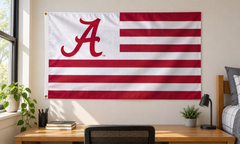 Alabama Crimson Tide Stars & Stripes flag on a dorm-room wall — lifestyle visualization