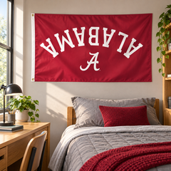 Alabama Turnover design flag with inverted lettering displayed on a dorm-room wall — lifestyle visualization