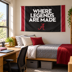 Alabama Where Legends Are Made 3x5 flag displayed above a dorm-room bed — lifestyle visualization