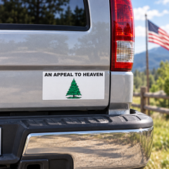 An Appeal to Heaven flag bumper sticker on a truck bumper