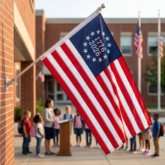 Betsy Ross 1776–2026 flag flying outside a school