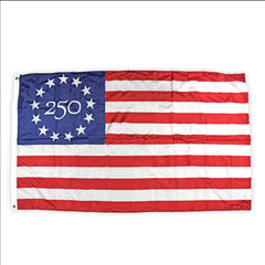 Flag with 250 printed on a blue section, resembling the American flag.