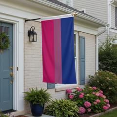 Bi Pride flag with grommets displayed on a porch