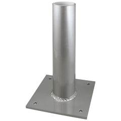 Metallic cylindrical post with square base on a white background