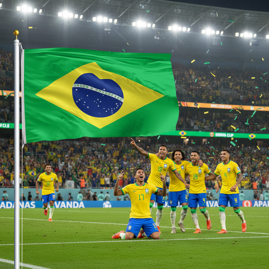 Brazilian soccer players celebrating on the field with a Brazilian flag