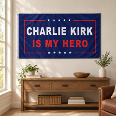 Charlie Kirk flag displayed in a home den