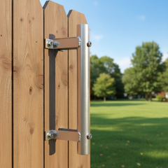 Wall mount vertical flag holder mounted on a wooden backyard fence with green lawn and blue sky