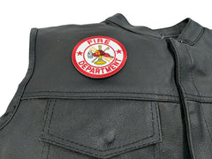 Fire Department circular patch on a leather vest