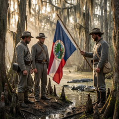 Florida Republic flag with Confederate-era soldiers and alligators in a Florida swamp