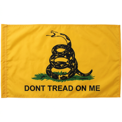Gadsden flag laid flat with a yellow pole hem on a white background