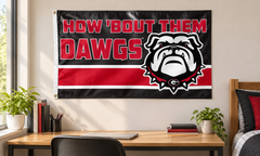 Georgia How 'Bout Them Dawgs black slogan flag on a dorm-room wall — lifestyle visualization