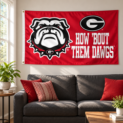 Georgia How 'Bout Them Dawgs mascot flag displayed above a fan-room sofa — lifestyle visualization