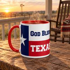 God Bless Texas red-accent mug on a porch at sunrise