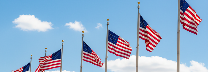 Row of American flags against a sunset sky