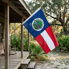 Florida Republic flag displayed on a rural Florida farmhouse porch surrounded by palmettos