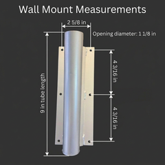 Steel angled wall mount measurement diagram showing 1 1/8-inch opening, 9-inch tube length, 2 5/8-inch top screw spacing, and 4 3/16-inch spacing between mounting-hole rows.