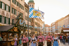Bavaria Coat of Arms flag flying outside the Hofbräuhaus in Munich during Oktoberfest