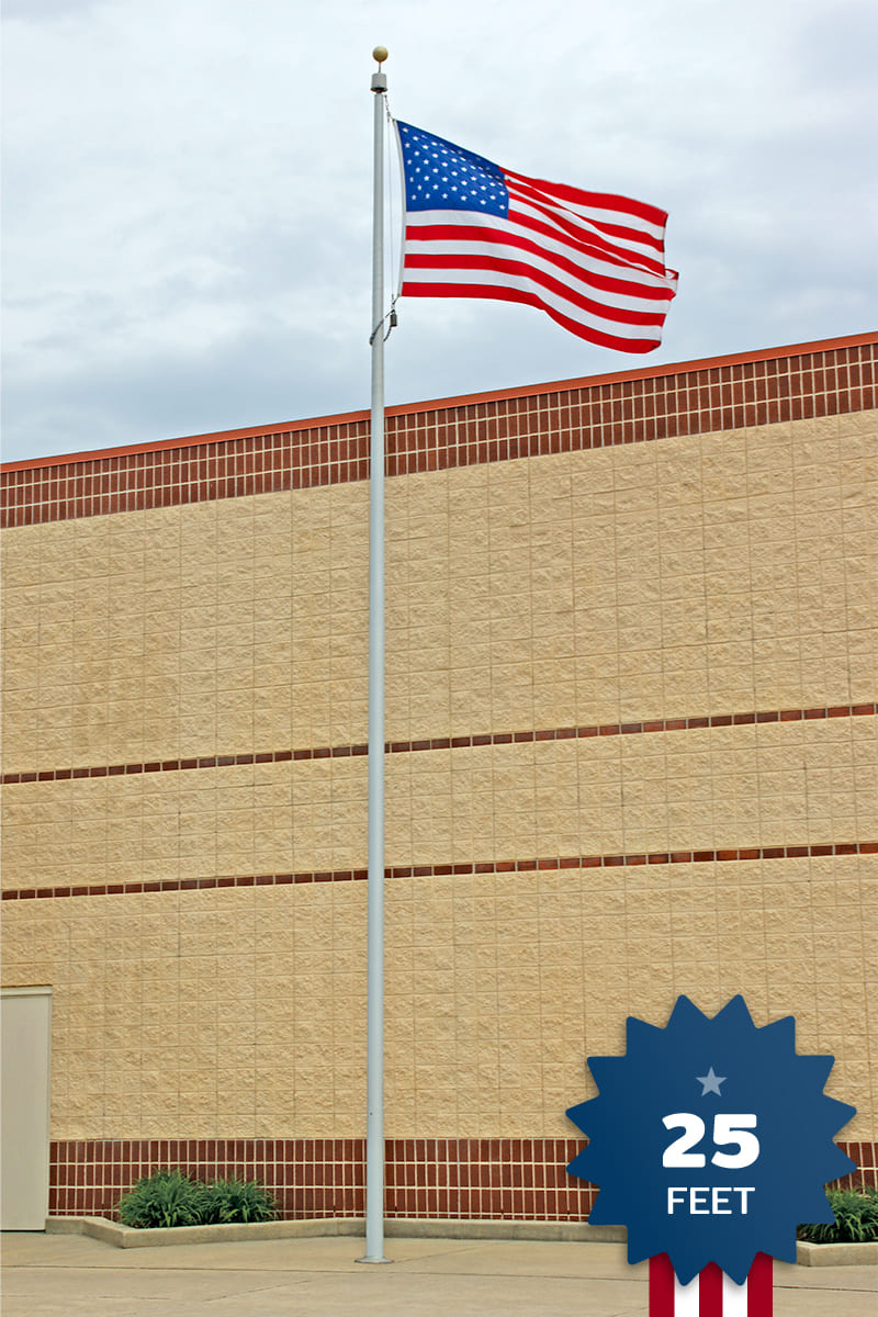 American flag on a flagpole in front of a building with a '25 Feet' label.