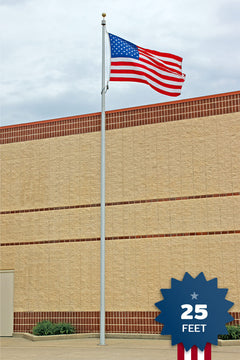 American flag on a flagpole in front of a building with a '25 Feet' label.
