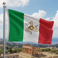 A flag with a gold-colored figure on a red and green background, representing the flag of the Kingdom of Sicilian Revolution of 1848.