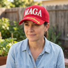 MAGA signature cap worn in an outdoor lifestyle setting