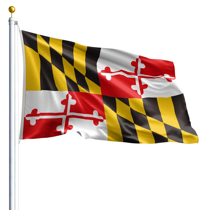 Flag with black, yellow, and red design on a white background