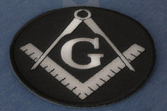 Masonic symbol black and white 3 inch round patch - angled view