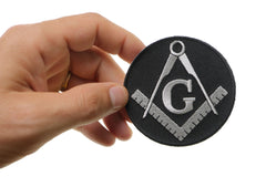 Masonic symbol black and white 3 inch round patch - hand view